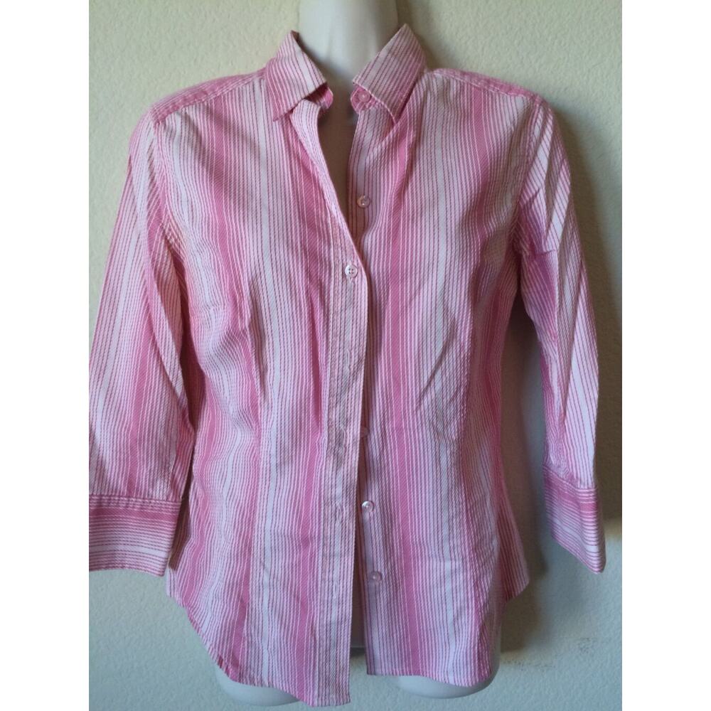 Express Stretch Pink White Striped 3/4 Sleeve Collared Women's Blouse Top Size 4